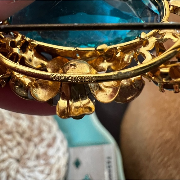 Vintage Large Signed Made In Austria Crystal Blue Enamel Flowers Brooch Pin - Picture 3 of 6